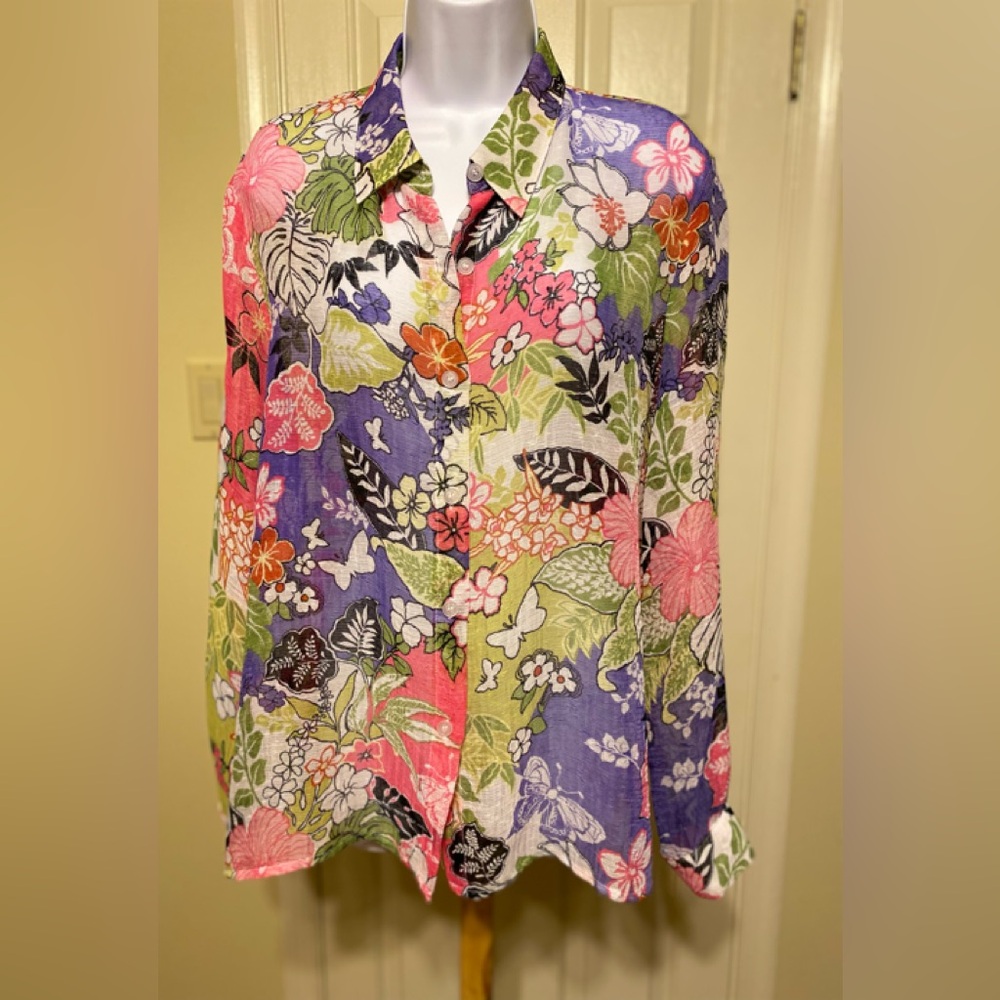 ALFRED DUNNER Floral Long Sleeve Button-Down Wide Sleeve Shirt, Size: 16P